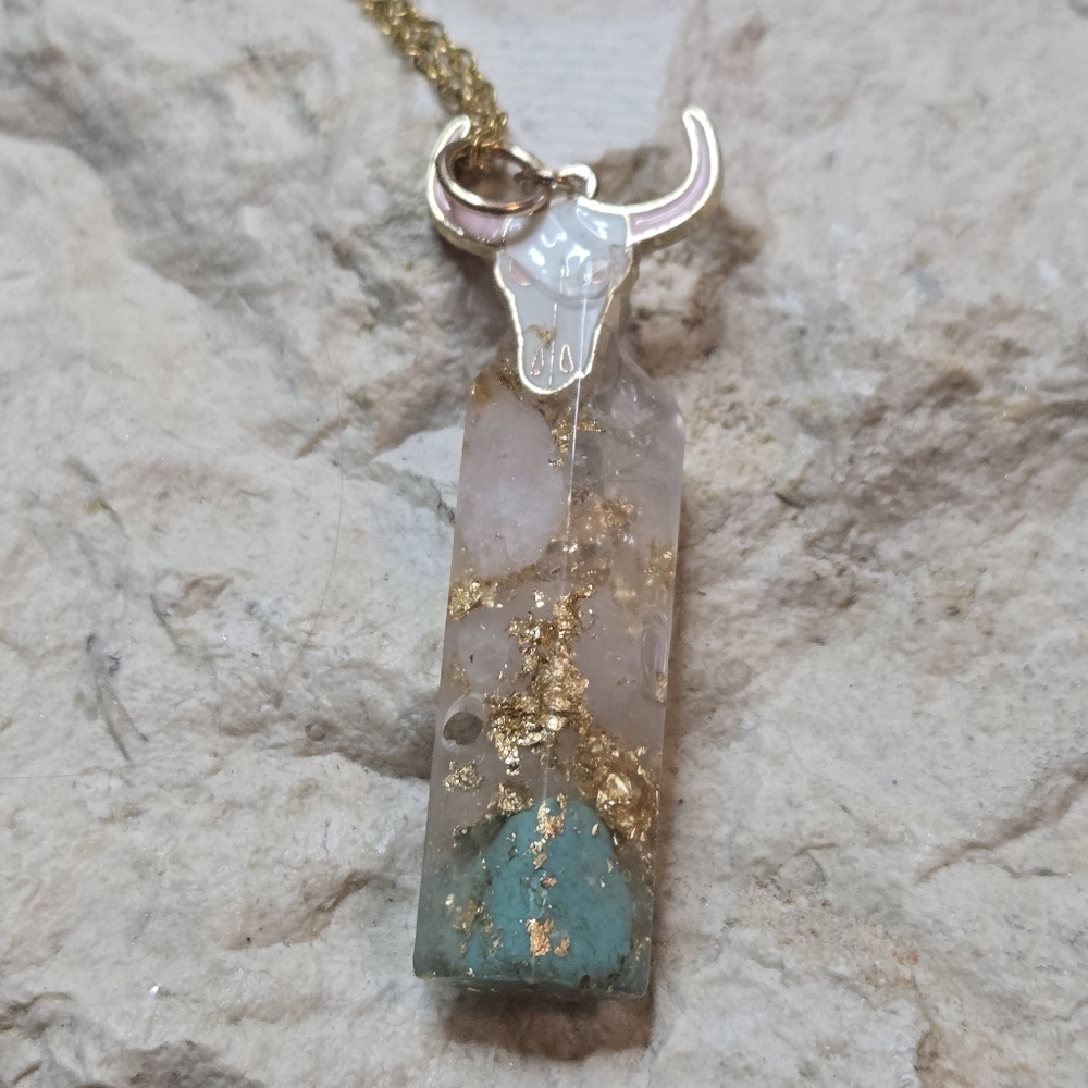 Rose Quartz & Turquoise Resin Cylinder Pendant Necklace | Gold Foil Accent | 20” - Picture 2 of 10